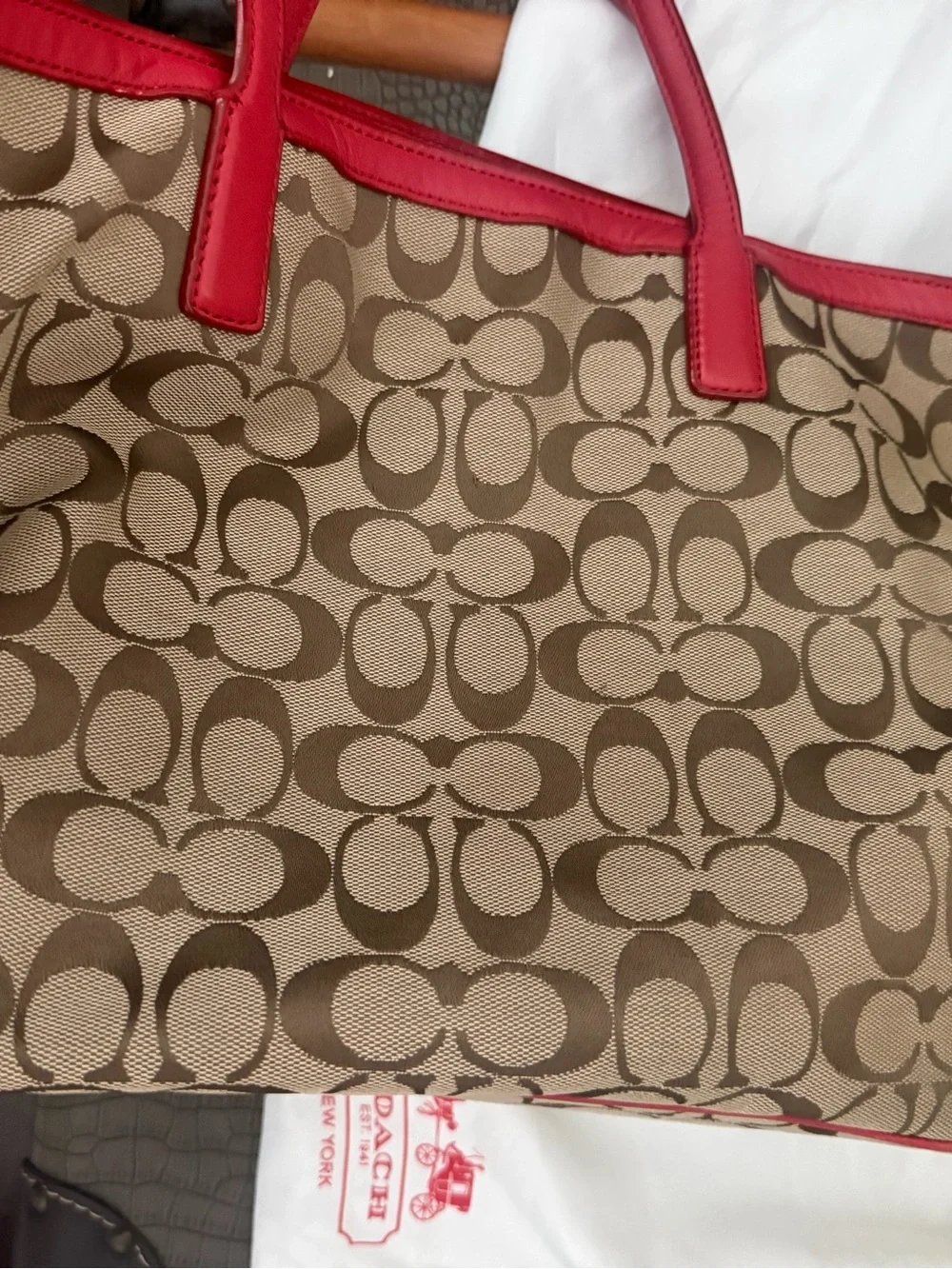 Coach Brown Signature Canvas Tote with Red Trim
